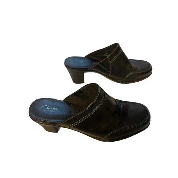 Clarks Shoes - Clarks Bendables Mule Clog Heel Black Size 7 Leather Stitch Detail